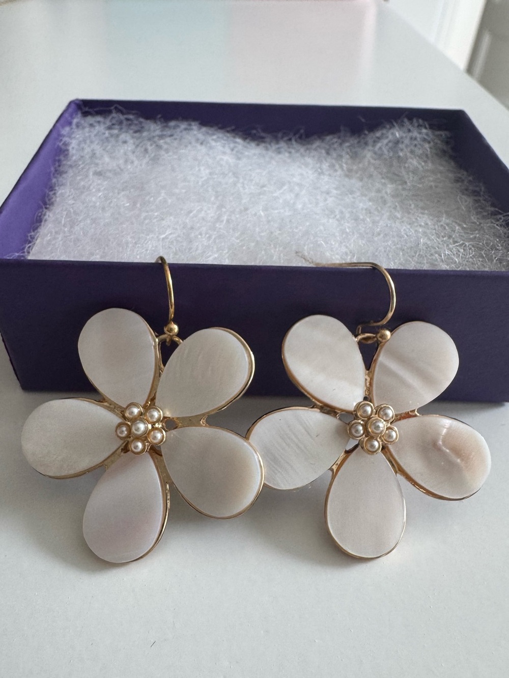Handmade Gold and White Mother-of-Pearl Flower Drop Earrings